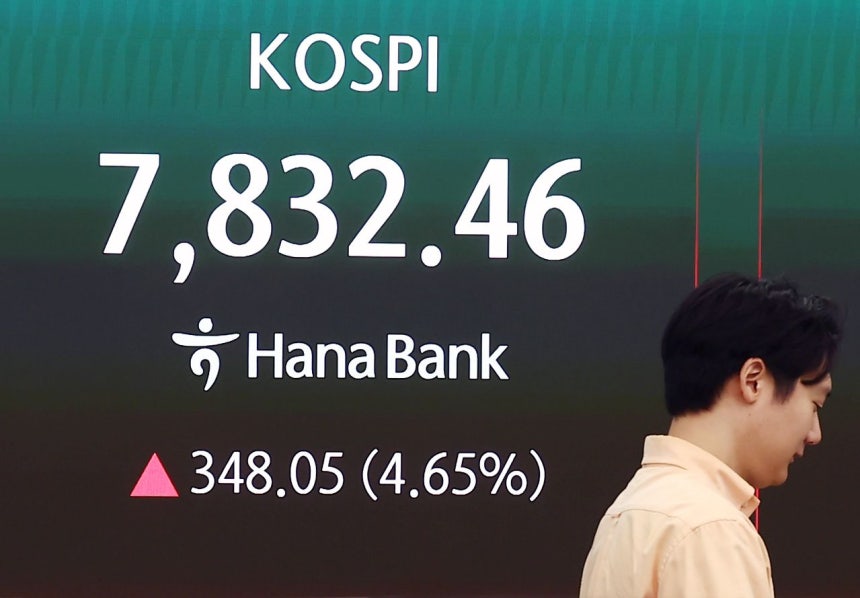 KOSPIが寄り付き直後に急上昇し買いサイドカーが発動された9日午前、ソウルのハナ銀行ディーリングルームのモニターに市況が表示されている。［写真 ニュース1］
