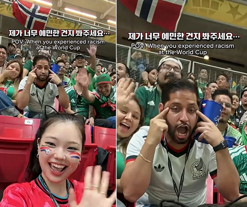   メキシコ人男性が韓国人ユーチューバーの後方で「つり目ポーズ」をしている様子。［ユーチューブ キャプチャー］