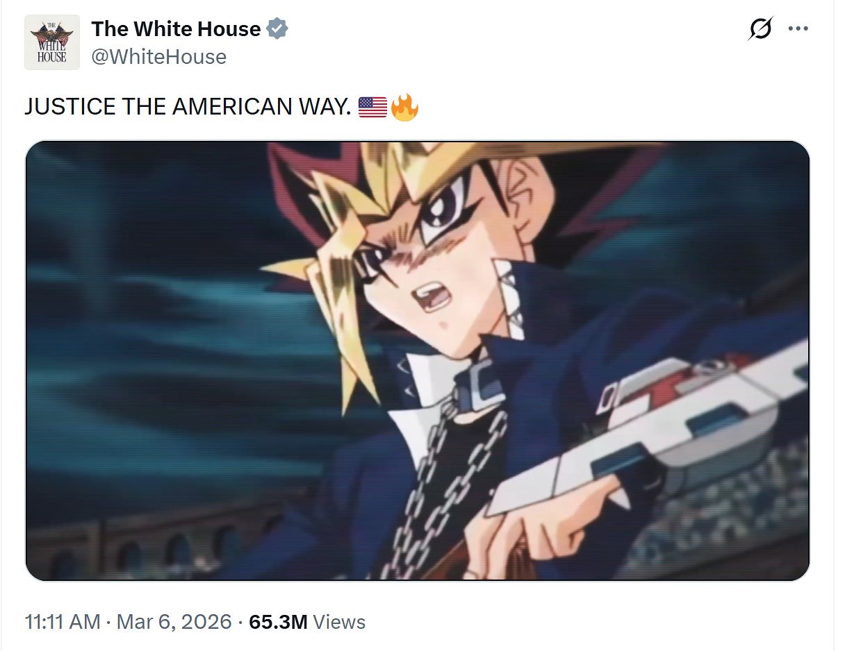 米ホワイトハウスの公式X（旧ツイッター）アカウントが3月6日に投稿した「米国式正義」の動画の一場面。日本のアニメ『遊☆戯☆王』の主人公・闇遊戯（武藤遊戯）が無断で使用された。［写真 ホワイトハウス公式X キャプチャー］