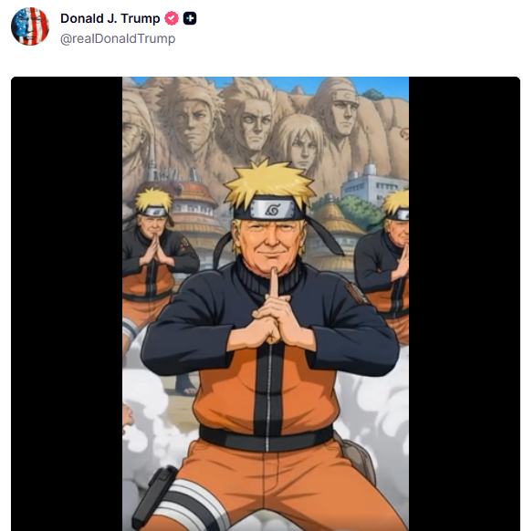   トランプ米大統領が「ナルト」を模してSNSに投稿した映像。SNSキャプチャー