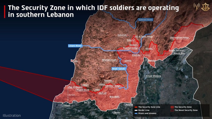 イスラエル軍が18日（現地時間）に公開した、レバノン南部に設定された保安区域の最新地図。［イスラエル軍Xキャプチャー］