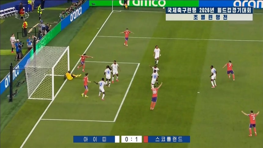 北朝鮮の朝鮮中央テレビが15日午後8時の報道で2026国際サッカー連盟（FIFA）W杯1次リーグの主要競技場面を放送した。［朝鮮中央テレビ キャプチャー、聯合ニュース］
