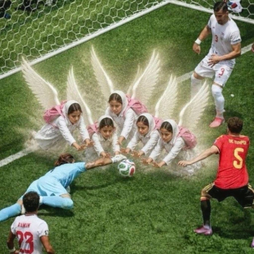  イラン代表のGKアリレザ・ベイランヴァンドを助ける天使の合成イメージ ［イランのアラグチ外相 X キャプチャー］