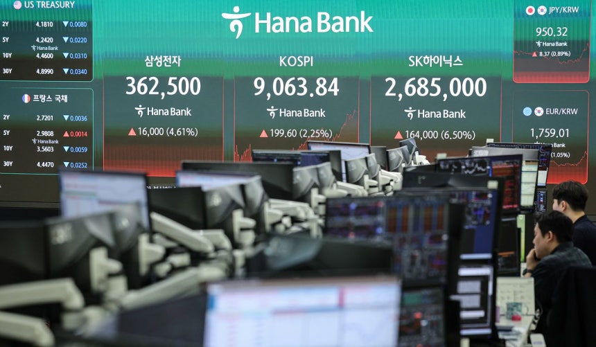 KOSPI（韓国総合株価指数）が史上初めて9000ポイントを突破して取引を終えた18日、ソウル市中区（チュング）のハナ銀行ディーリングルームの電光掲示板にKOSPI終値が表示されている。キム・ギョンロク記者