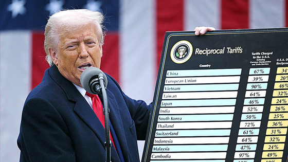 トランプ米大統領が昨年4月2日。ホワイトハウスで各国に課す相互関税を説明している。韓国は25％と表記した。［写真 AFP＝聯合ニュース］