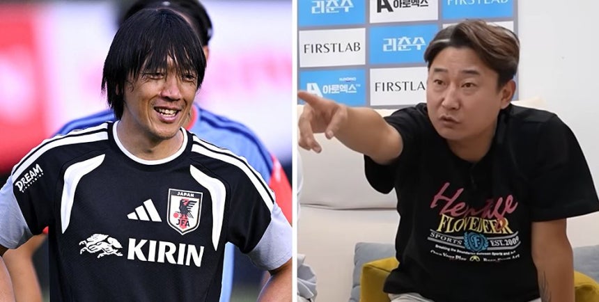 日本代表チームでコーチを務める中村俊輔。日本はレジェンド選手の多くがスタッフに加わっている。後輩にノウハウを伝授するためだ（左）。元韓国代表の李天秀のように引退した選手が放送で語るだけの韓国とは大きく違う。［写真 ロイター＝聯合ニュース、ユーチューブキャプチャー］