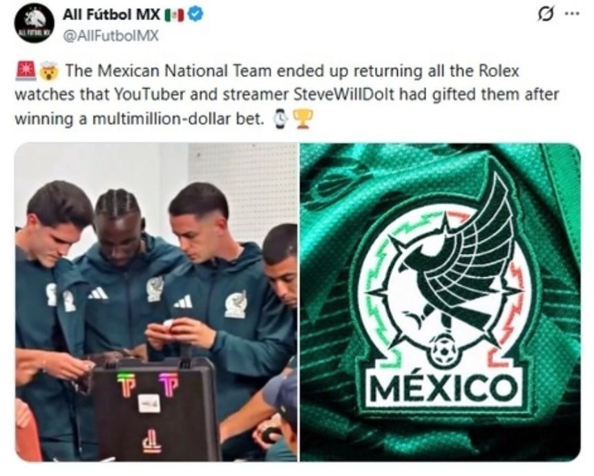 メキシコサッカー協会は、代表チームが米国人ユーチューバーから高級腕時計「ロレックス」を贈られたものの、返却することを決めたと明らかにした。［メキシコサッカー協会SNS キャプチャー］