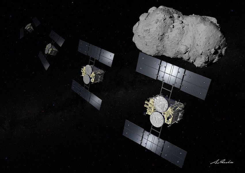 小惑星トリフネのフライバイ（接近飛行）を行う小惑星探査機「はやぶさ2」の想像図。［宇宙航空研究開発機構（JAXA）］