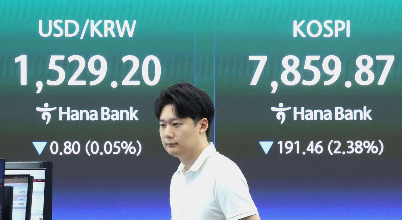 7日午前、ソウルのハナ銀行ディーリングルームのモニターにKOSPIと為替相場が表示されている。［写真 ニュース1］
