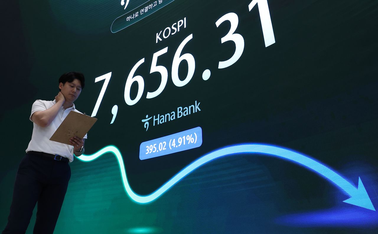 KOSPIが急落した7日午後、ソウルのハナ銀行本店ディーリングルームのモニターにKOSPIなどの終値が表示されている。［写真 ニュース1］