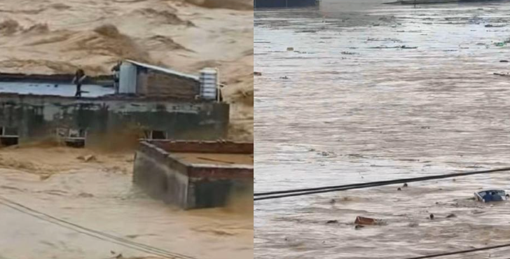 中国広西チワン族自治区横州市の貯水池の堤防が6日に決壊し、洪水が発生した。［微博（ウェイボー） キャプチャー］