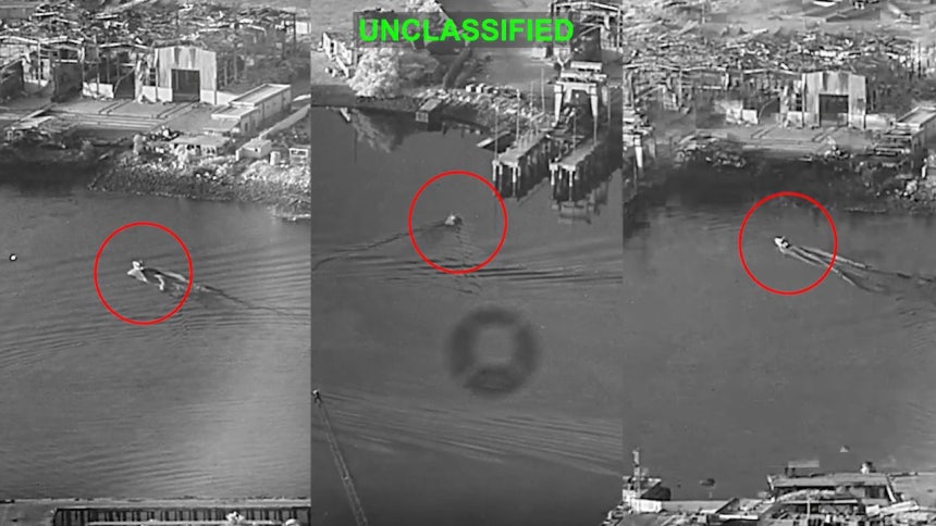 13日（現地時間）、米中央軍が公開した映像で、前日にイラン・バンダルアバス海軍基地へ接近する米軍の海上ドローン「コルセア（Corsair）」が確認された。AP＝聯合ニュース