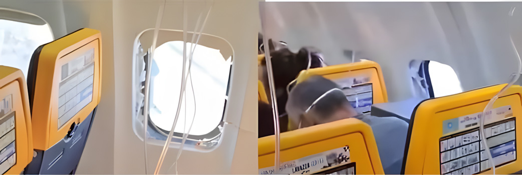 エンジンの破片で窓が破損したライアンエアー機の機内の様子。［SNS キャプチャー］