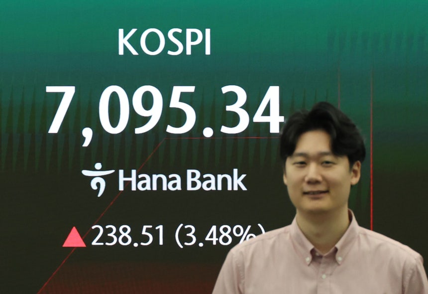 KOSPI（韓国総合株価指数）が7000台を回復した15日、ソウル市中区（チュング）のハナ銀行ディーリングルームの電光掲示板にKOSPI指数が表示されている。［聯合ニュース］