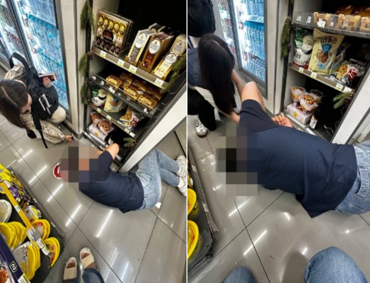 先月13日、仁川（インチョン）国際空港第1旅客ターミナル内のコンビニで、床に落ちたイヤホンを探しているコンビニ店員。［スレッズ キャプチャー］
