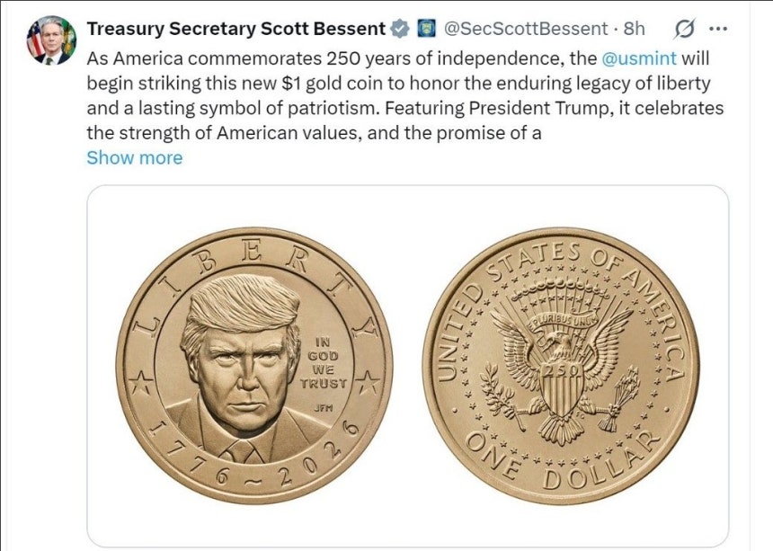 トランプ氏の顔を刻印した米建国250周年記念1ドル硬貨を発行へ