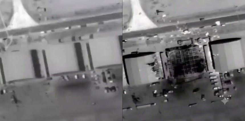   破壊された戦闘機格納庫の映像［写真 イラン「セパニュース」テレグラム キャプチャー］