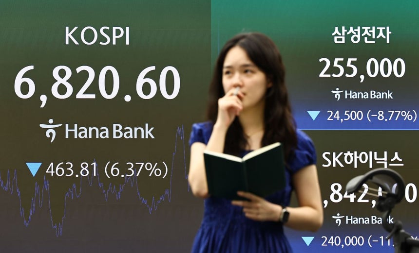 16日、ソウルのハナ銀行本店ディーリングルームのモニターにKOSPIとサムスン電子、SKハイニックスの終値が表示されている。キム・ジョンホ記者