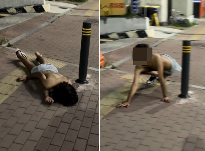 韓国・仁川（インチョン）永宗（ヨンジョン）ハヌル都市の路上に倒れていた外国人男性が、突然走り寄ってくる様子。［インスタグラム（@g.w0o__） キャプチャー］