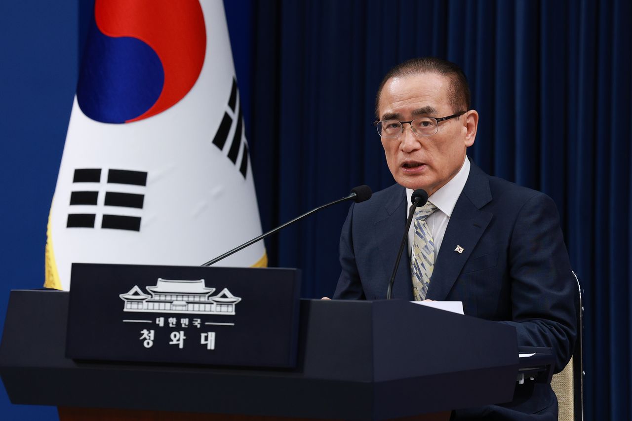韓国の魏聖洛（ウィ・ソンラク）国家安保室長が22日、青瓦台（チョンワデ）春秋館で7月の李在明（イ・ジェミョン）大統領の米国・南米歴訪に関する会見を行っている。青瓦台写真記者団