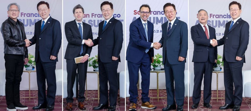 人工知能（AI）サミット出席に向け米サンフランシスコを訪れた李在明大統領がAI産業をリードする世界的ビッグテック最高経営責任者（CEO）らと相次いで会い投資と技術協力拡大案などを議論した。左からエヌビディアのジェンスン・フアンCEO、オープンAIのサム・アルトマンCEO、アンソロピックのダリオ・アモデイCEO、ブロードコムのホック・タンCEOと会って握手している。［写真 聯合ニュース］
