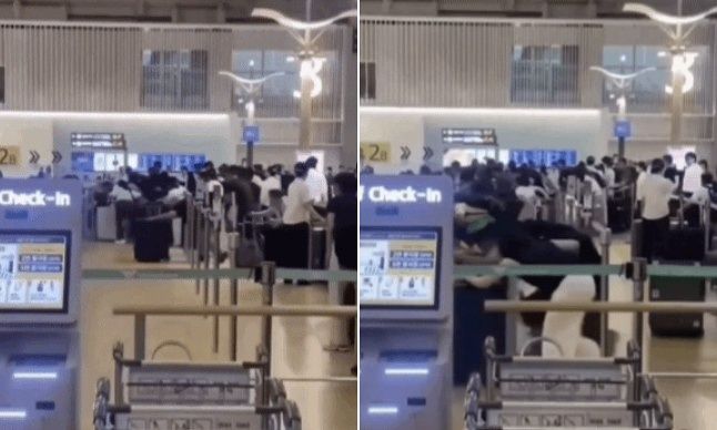 今月2日未明、仁川（インチョン）国際空港第1旅客ターミナルの搭乗手続きエリアで発生した集団割り込みの様子。［オンラインコミュニティ キャプチャー］
