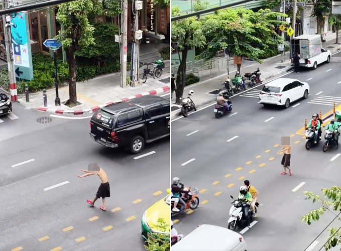  タイ・バンコクの道路の真ん中で騒ぎを起こす韓国人。［写真 SNS］