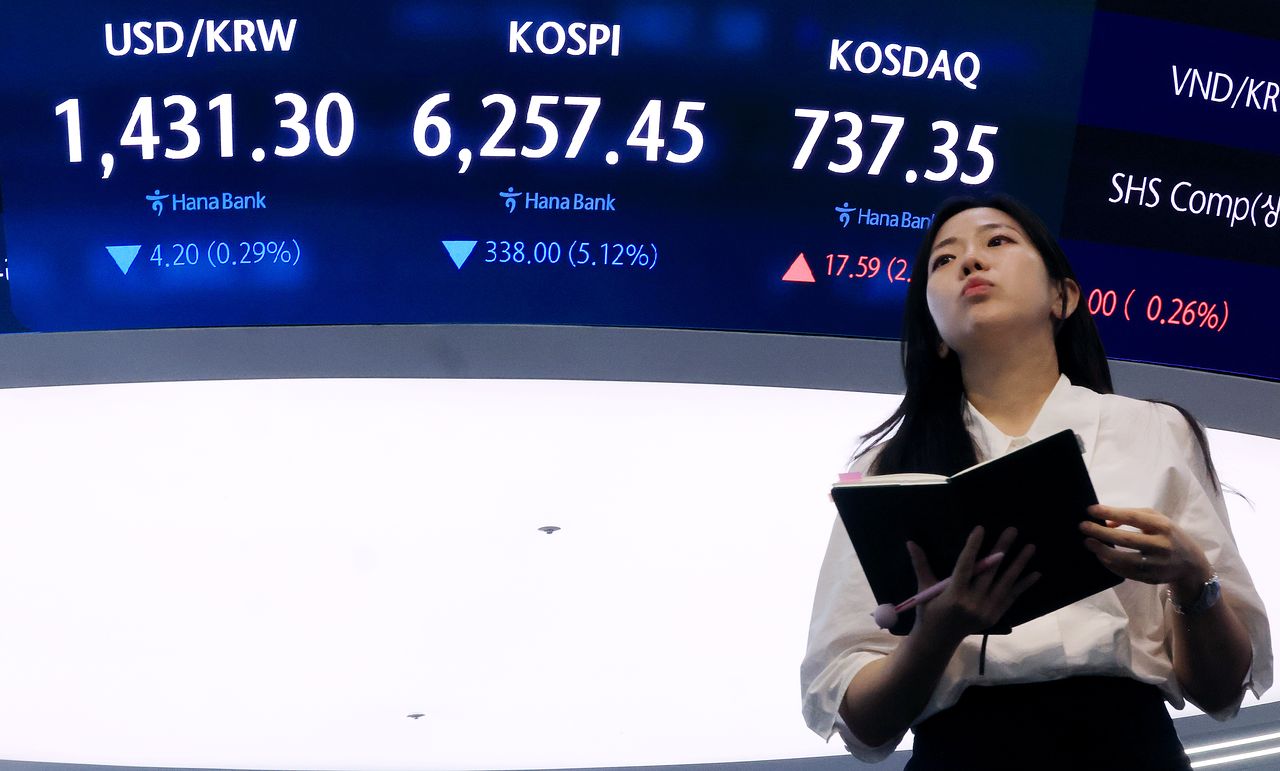  3日ソウルのハナ銀行本店ディーリングルームのモニターに終値が表示されている。この日KOSPIは前営業日比5．12％安の6257．45、KOSDAQは2．44％高の737．35で引けた。［写真 ニュース1］