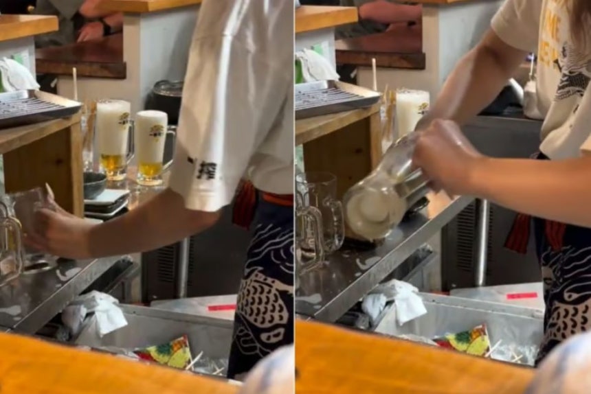   客が使ったビールジョッキを水だけですすいだ後、再び使用する様子。［SNS キャプチャー］