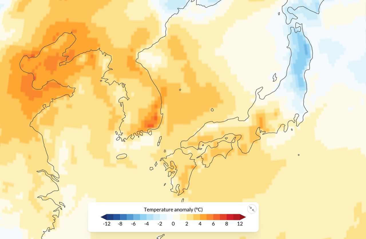 韓国と日本の地域別気温偏差。［グラフィック C3S・ECMWF］