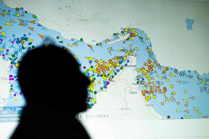 5月初めのホルムズ海峡の船舶航路を示す船舶追跡サイトの画面。AFP＝聯合ニュース