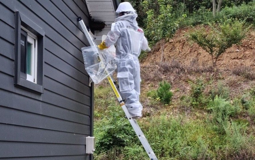 通報を受けて出動した119隊員が住宅の外壁についているハチの巣を除去している。［写真 忠南（チュンナム）消防本部］