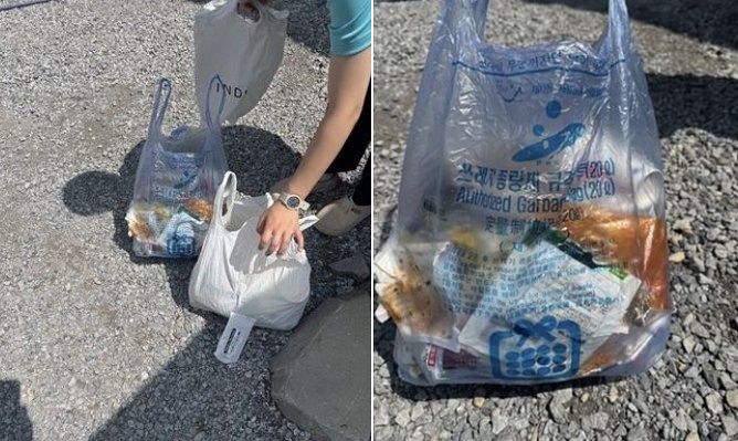   上高地の山小屋で見つかった韓国の従量制ごみ袋。［インスタグラム キャプチャー］
