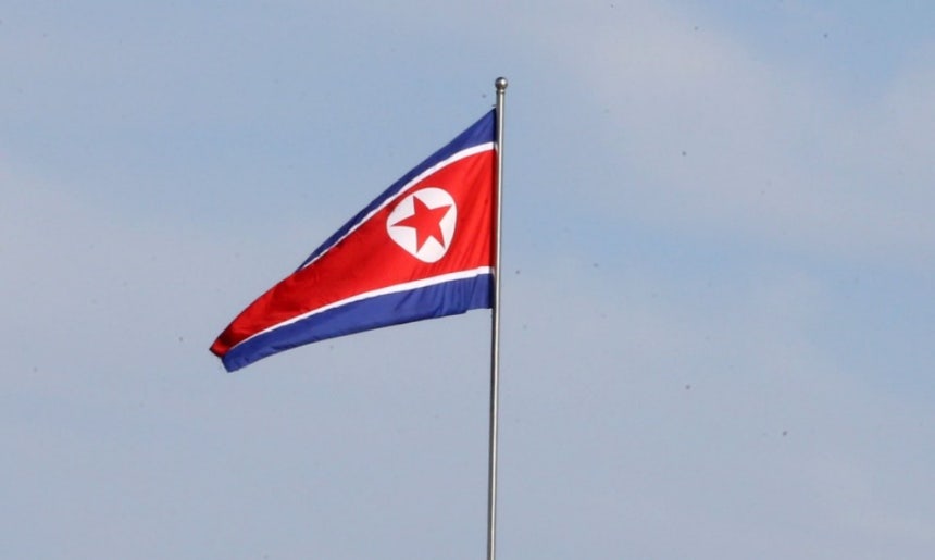 北朝鮮の国旗。［写真　平壌（ピョンヤン）写真共同取材団］