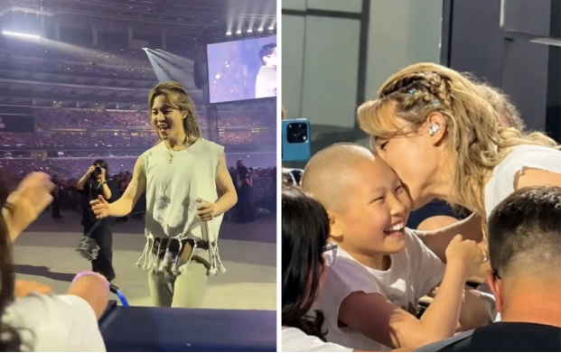   小児がんで闘病中の子どもに近づきキスするBTSのJIMIN（ジミン）。［写真 heroes for children］