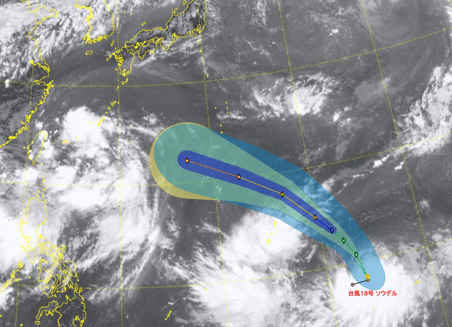   衛星から見た台風18号ソウデルと予想進路。［韓国気象庁提供］