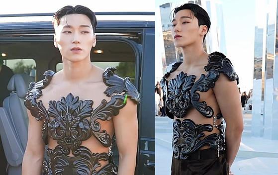 イタリア・ミラノで行われた高級ブランド「ドルチェ＆ガッバーナ」のショーに出席したATEEZ（エイティーズ）のメンバー、サン。［インスタグラム キャプチャー］
