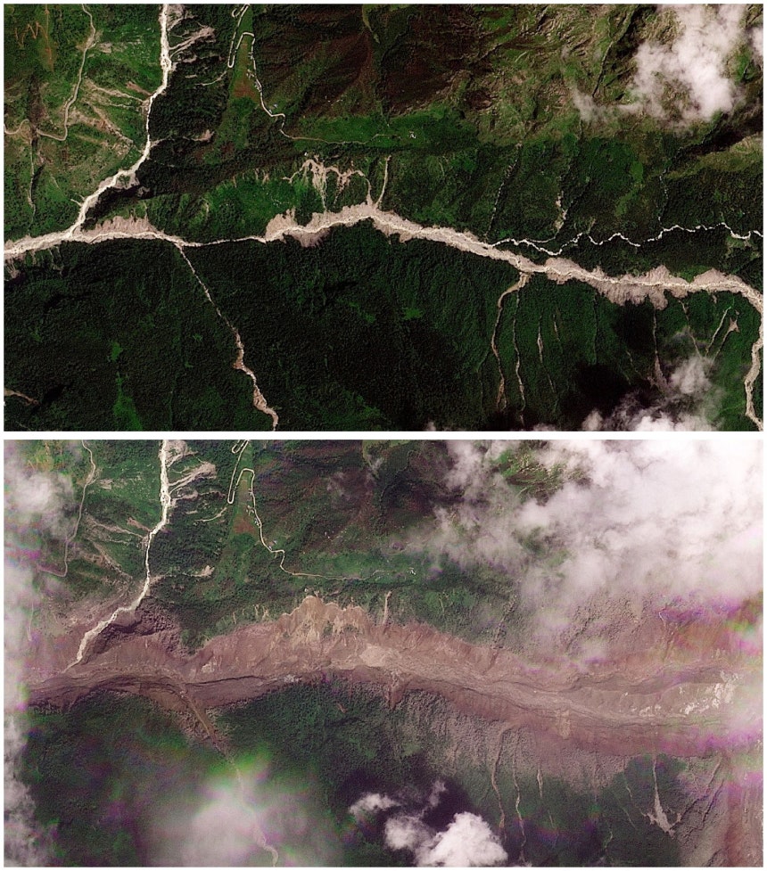 25日（現地時間）、ネパールと中国の国境付近の渓谷地域を撮影した衛星写真。下の写真は大洪水後、川の周辺が泥水と土砂に覆われた26日の様子。ロイター＝聯合ニュース