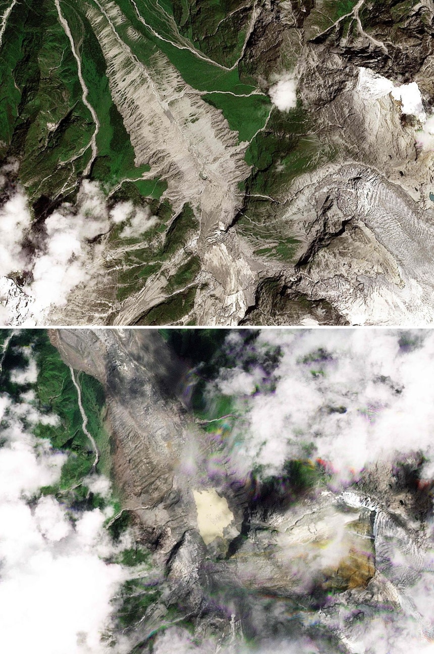 崩壊前のランタン・リルン北面（上）と、岩石と氷河が崩壊した後のランタン・リルン北面の様子。［AFP＝聯合ニュース］
