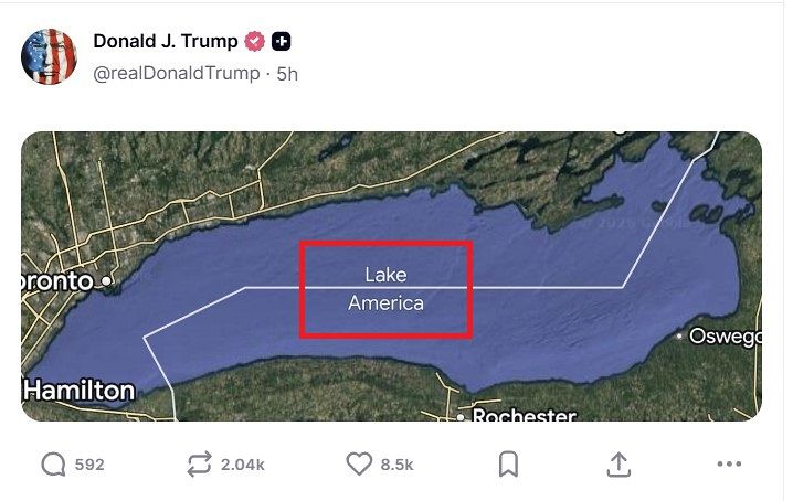 ドナルド・トランプ米大統領は30日（現地時間）、自身のソーシャルメディアに「オンタリオ湖」の名称が「アメリカ湖」に変更されたグーグル（Google）マップをキャプチャーして投稿した。［写真 ドナルド・トランプ米大統領のSNS］