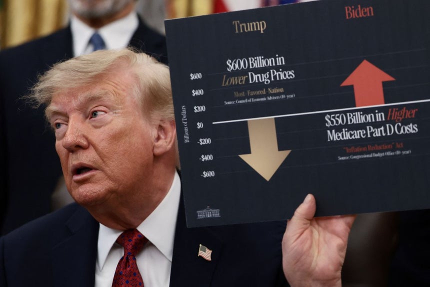 ドナルド・トランプ米大統領が8月31日（現地時間）、ホワイトハウスで医療政策について言及し、関連グラフを掲げている。ロイター＝聯合ニュース