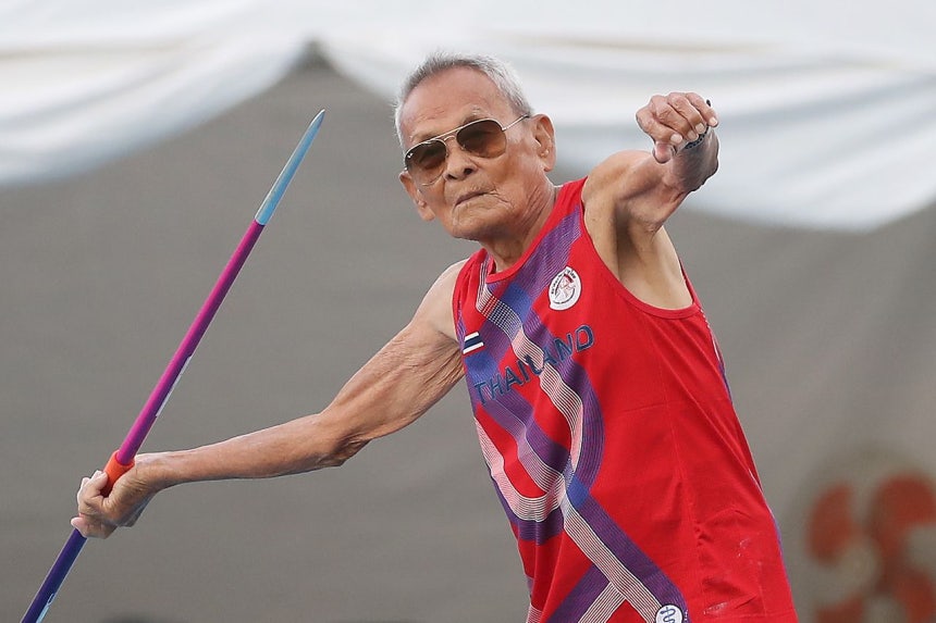 「2026大邱（テグ）WMAC」で、サワン・ジャンプラム選手（106）がやりを投げている。［ニュース1］