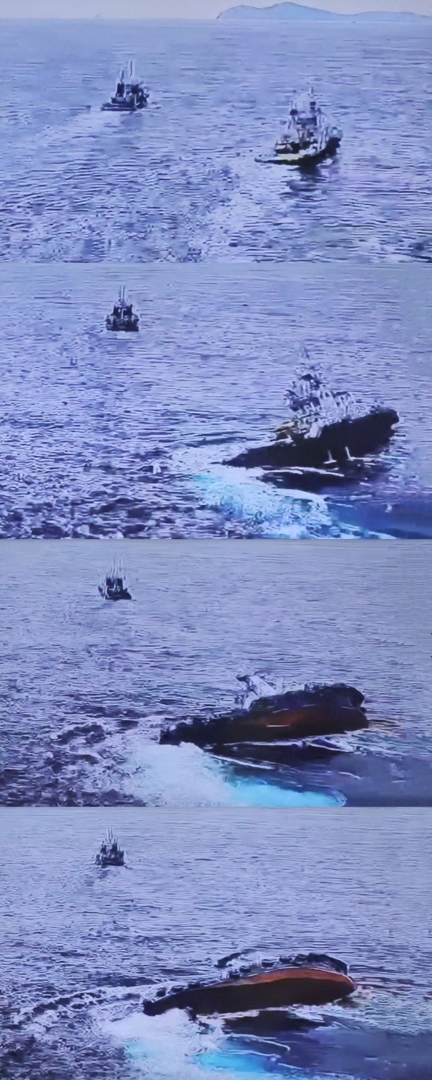   釜山沖で転覆・沈没したタグボートの事故当時の映像。［写真CCTVキャプチャー］
