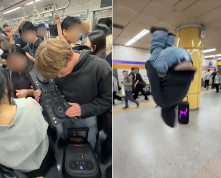   ティックトッカー「Streichbruder」がソウルの地下鉄車内で撮影した動画。［TikTok @simon.bth キャプチャー］