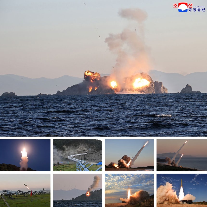   北朝鮮が実施した長距離砲とミサイル部隊による合同打撃訓練の様子。［朝鮮中央通信、聯合ニュース］
