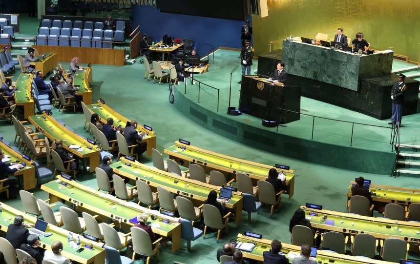 韓国の李在明（イ・ジェミョン）大統領が22日（現地時間）、米ニューヨークの国連本部で開かれた第81回国連総会で一般討論演説をしている。ニュース1