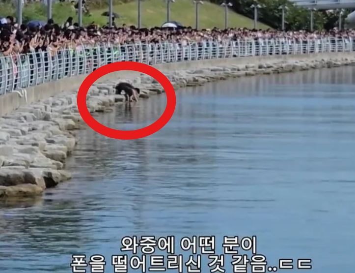 釜山（プサン）北港・親水（チンス）公園の水路で、市民のひとりがサメが目撃された水路に手を入れて携帯電話を探している様子。［写真 SNS キャプチャー］
