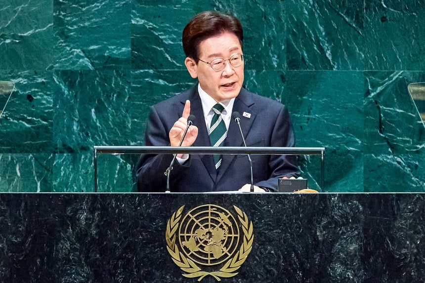 ニューヨークの国連本部で基調演説する李在明大統領。［写真 聯合ニュース］