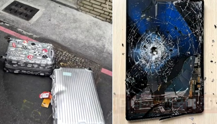 路上に落とされたAさんのスーツケースと破損した電子機器。［写真＝JTBC『事件班長』］