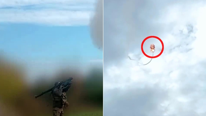 ウクライナ第92独立強襲旅団の兵士がスティンガー携帯式対空ミサイルを発射する場面（左）と、ロシア軍のジェット推進型シャヘドドローンとみられる標的が空中で爆発する場面（右） ［写真＝ウクライナ第92旅団］